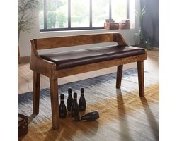 Bench - Echt leer - Gestoffeerde bank met rugleuning - Bruin voor gang of slaapkamer - Kleine leren bedbank - Massief hout - 108x63x43cm