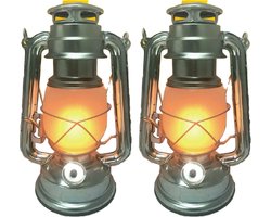 Benson Stormlantaarn - 2x - zilver - led - op batterij - 8 x 25 cm - retro campinglamp