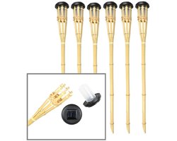 Benson Tuinfakkel - 6x - Solar - led tuinlamp - bamboe hout - 78 cm - bruin