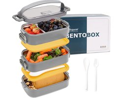 Bento Box Lunchbox 1700 ML,3 in 1 Roestvrij Staal Broodtrommel met 4 Vakken, Duurzame Snackbox met Lepel, Lunchbox voor Volwassenen en Kinderen, Broodtrommel voor School Werk Picknick Reizen