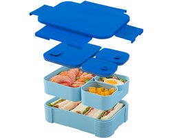 Bento Box - Lunchbox Kinderen 3 Vakken Lekvrij - Magnetronbestendig En Vaatwasser Veilig - Bpa Vrij Kunststof - 3 Compartimenten Set - Voor School Werk En Reizen - Blauw