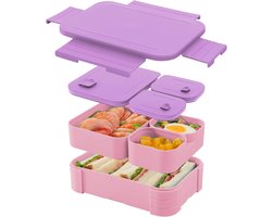 Bento Box - Lunchbox Kinderen 3 Vakken Lekvrij - Magnetronbestendig En Vaatwasser Veilig - Bpa Vrij Kunststof - 3 Compartimenten Set - Voor School Werk En Reizen - Paars