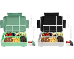 Bento Lunchbox 1330ml 2 Set met 6 Compartimenten - Lekvrije Kids Lunchbox voor School en Kleuterschool - Inclusief Bestek, Zwart/Groen