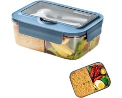 Bento lunchbox - 1400 ml lunchbox voor volwassenen - voedselcontainer met 3 compartimenten en bestekset - lekvrije lunchbox met meerdere lagen - blauw