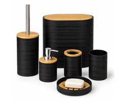 Benza Badkameraccessoireset 6-delig – Zwart met Bamboe – Badkamerset met Pedaalemmer, Toiletborstel, Zeepdispenser, Tandenborstelhouder, Beker & Zeepbakje
