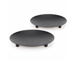Benza – Kaarsenplateau – Set van 2 – Ø 12 x 1 cm – Zwart Metaal – Ronde Kaarsenschotels op Pootjes