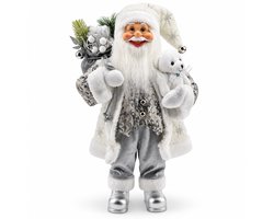 Benza – Kerstman 60 x 35 x 20 cm – Staande Kerstpop met Teddybeer en Kerstzak – Wit-Zilver
