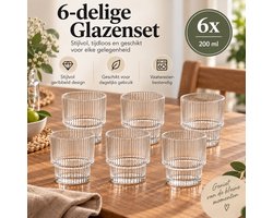 Bera Home - Geribbelde Drinkglazen Set van 6 - 200 ml - Stijlvolle Glazen voor Water, Sap & Cocktails - Vaatwasserbestendig