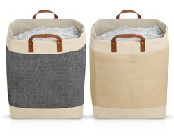Bera Home – Set van 2 Wollen Was- & Opbergmanden – Crème & Grijs – 35×35×56 cm – 2×68L – Met Leren Handgreep – Opvouwbaar & Ruimtebesparend