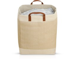 Bera Home – Wollen Was- & Opbergmand – Crème – 35×35×56 cm – 68L – Met Leren Handgreep – Opvouwbaar & Ruimtebesparend