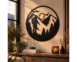 Berg Wanddecoratie – Metalen Wanddecoratie Bergen & Wandelaar – Natuur Muurdecoratie – 2 mm Staal – Zwart Gepoedercoat