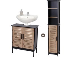 Bergen Badkamerset - Wastafel onderkast - Wastafelmeubel - Kolomkast - Badkamerkast - Complete set - Zwart/Eiken