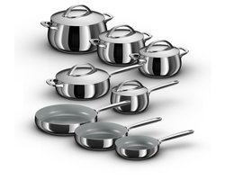 BergHOFF Home Belly Pannenset 13-delig – Luxe RVS Kookset – Steelpan 16cm, Kookpotten 18/20/24cm, Hapjespan 24cm + 5 Deksels – Inclusief Keramische Koekenpannen 20/24/28cm – PFAS-Vrij – Stellar Steel