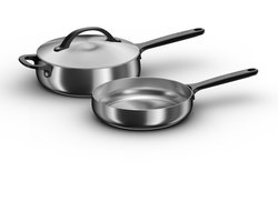 BergHOFF Home Belly Pannenset Ø 24 cm – Duurzame Hapjespan met Deksel & RVS Braadpan – PFAS-Vrije Bakpan – Geschikt voor Inductie & Oven tot 250 °C – Smokey Black