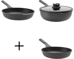 BergHOFF Stone+ Pannenset - Braadpan Ø 24 cm - Braadpan Ø 28 cm - Wok Ø 28 cm met deksel - Keramische Antiaanbaklaag - PFAS-vrij - Alle Kookplaten, Inclusief Inductie - Grijs -