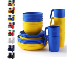 Berglander Plastic tableware sets 24pcs for 6, reusable plates and bowls sets, saucer set include dinner plates, dessert plate, cereal bowls, cups for home, garden, picnic, camping
