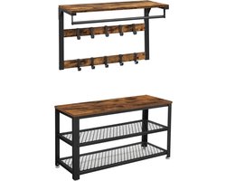 Bergson Wandkapstok - Schoenenrek - Halmeubel met kapstok - 2-Delig - 10 Haken - Industrieel - Vintage Bruin