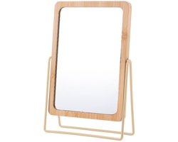 Berilo Make-up spiegel - 16 x 22 cm - beige - metaal/bamboe - kaptafel spiegel - tafelmodel
