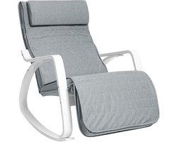 Berk houten schommelstoel, liggende stoel, voetsteun verstelbaar in 5 posities, witte armleuningen, grijze faux linnen deksel, elegant, tot 150 kg laadcapaciteit