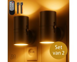 Best Active Nachtlampje Stopcontact - 2 stuks - Dag- en Nachtsensor - Inclusief Afstandsbediening & 2 Batterijen - Stekkerlampen - 10,7 x 9,3 cm - Volwassenen - Boven en Onder Verlichting - Dimbaar - 3 Lichtkleuren - Stekkerspot - Nachtlamp - Zwart
