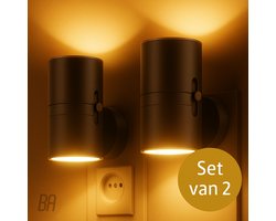 Best Active Nachtlampje Stopcontact - 2 stuks - Dag- en Nachtsensor - Stekkerlampen - 10,7 x 9,3 cm - Volwassenen - Boven en Onder Verlichting - Dimbaar - Stekkerspot - Nachtlamp - Zwart