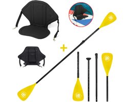 Best Active SUP Zitje + Dubbele SUP Peddel Set - Kajak Stoel met Rugleuning & 4-Delige Kajakpeddel - Verstelbaar 155-220 cm - SUP Board - SUP Accessoires - Zwart/Geel