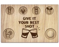 Best Shot Houten Tequila Dienblad - 4 Glazen Gaten - Met Zout- en Citroenkom - 20x30cm