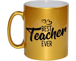 Best teacher ever koffiemok / drinkbeker - goud met hartjes - 330 ml - cadeau juf / meester / leraar / lerares