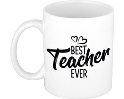 Best teacher ever mok / beker wit met hartjes - 300 ml - cadeau juf / meester / leraar / lerares