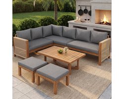 Bestaande uit een 6-zits Hoekbank met Kussens, 2 Krukjes en een Acaciahouten Tafel, Modulaire Tuinset van Acaciahout, Ademend en Spatwaterdicht, voor Terras en Tuin - Grijs