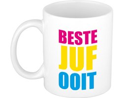 Beste juf ooit cadeau koffiemok / theebeker met roze/gele/blauwe blokletters 300 ml - verjaardag / bedankje - cadeau juf / lerares / onderwijzeres