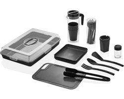 Bestek, borden en bekers set herbruikbaar 29 delig picknickset, BBQ set voor 4 personen, BPA-vrij, campingservices, vork, mes, lepel, bord, beker, picknickmand, picknicktassen - Zwart