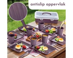 Bestek, borden en bekers set herbruikbaar 32 stuks voor 6 personen, bekers, borden, bestek met handige opberger, ideaal voor picknick, kinderfeestjes, kinderdagverblijf, BPA vrij (Paars)