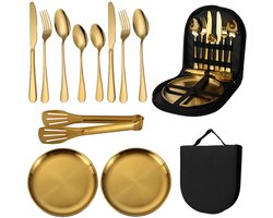 Bestek & Borden set in opbergcase - Voor Picnic, Camping & Outdoor - 2-persoons - RVS goud
