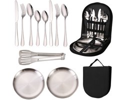 Bestek & Borden set in opbergcase - Voor Picnic, Camping & Outdoor - 2-persoons - zilver
