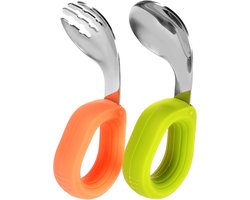 Bestek voor Peuters - Vorken en Lepels Set voor Baby's - Roestvrijstalen Kinderbestek - Veilig voor Kleine Handjes - Geschikt voor Zelfvoeden - Vaatwasserbestendig - Oranje en Groen