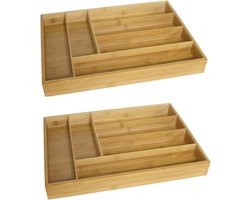 Bestekbak - 2x stuks - 43 x 30 cm - bamboe hout - 5-vaks - besteklade