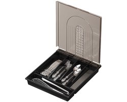 Bestekbak met deksel, bestekbak met deksel voor keukenlade en aanrecht, kunststof bestekbak en bestekbak voor lepel, vork, messenhouder (zwart)