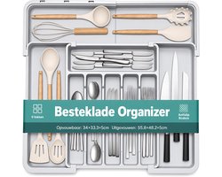 Bestekbak Uitschuifbaar - Verstelbare Besteklade Organizer 33-55,8 cm - 9 Vakken met Geïntegreerde Messenhouder en Antislip Bodem - Ruimtebesparende PP Bestekhouder voor Smalle en Brede Keukenladen, Messen, Vorken, Lepels en Keukengerei - Grijs