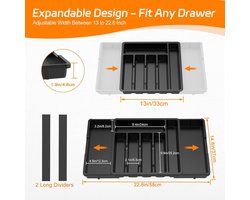 Bestekbak voor laden, uitbreidbare bestekbak voor laden, Cutlery 0rganizer keuken, verstelbare bestekhouder, bestekhouder, lepel, vorken, kunststof messen, zwart
