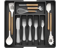 Bestekbak voor laden, verstelbare keukengereihouder, diepte 42.4 cm, grote keukenorganizer, uitbreidbaar tot 47 cm, bestekhouder, gebruiksvoorwerpenhouder voor lepels/vorken/messen, zwart