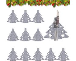 Bestekhouder Kerst - 12 Bestekzakken - Grijze Kerstboom - Decoratie voor Kerstdiner - ShopVlot