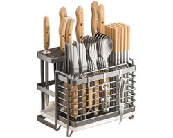 Bestekhouder – keukengereihouder – bestekmand – wandmontage – traceless sticker – koolstofstaal – bestek – afdruipbak – houder voor bestek en keukenhulp (grijze bestekbox & bestekhouder)