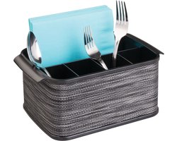Bestekhouder met handgrepen, decoratieve bestekmand voor keuken, tuin of picknick, met groot vak voor het opbergen van servetten, smoke/zwart