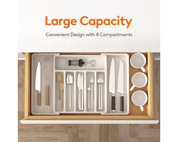 Bestekhouder, uitbreidbare keukengereihouder voor lade, verstelbare bestekbak, compacte bestekbak voor laden van kunststof voor lepels, vorken, messen, groot, wit