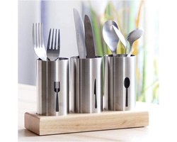 Bestekhouder van roestvrij staal - houten sokkel - bestekstandaard voor vorken, messen, lepels - grills thuis of restaurants - 3 houderbekers Cutlery Organizer