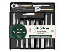 Besteklade Organizer - 9 Vakken – Verstelbaar van 30 tot 53 cm – Zwart PP, Vaatwasmachinebestendig – Voor Bestek, Messen, Vorken, Lepels en Kookgerei – Voor Keukenlade, Bureaulade en Gereedschapslade – Compact 34 × 30 cm