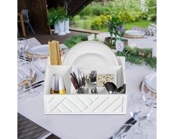 Bestekorganizer Hout - Witte Bestekbak met 6 Vakken voor Papieren Borden, Servetten en Bekers - Bestekhouder voor Keuken, Aanrecht, Picknick en Barbecue