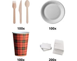 Bestekset - 100 houten vorken - servetten 1-laags 200 stuks - 100 houten lepels- 100 houten messen - 100 kartonnen borden 23cm - 100 kartonnen bekers - feest - verjaardag- lunch - dinner - restaurant - party - kantoor - bio - milieuvriendelijk