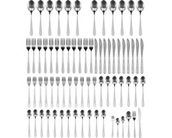 Bestekset 12 Personen – RVS Bestekset 72-delig – Serviesset van Edelstaal met Lepels, Vorken, Tafelmessen - Dessertlepels en Gebaksvorkjes – Vaatwasserbestendig Glanzend Zilver Bestek